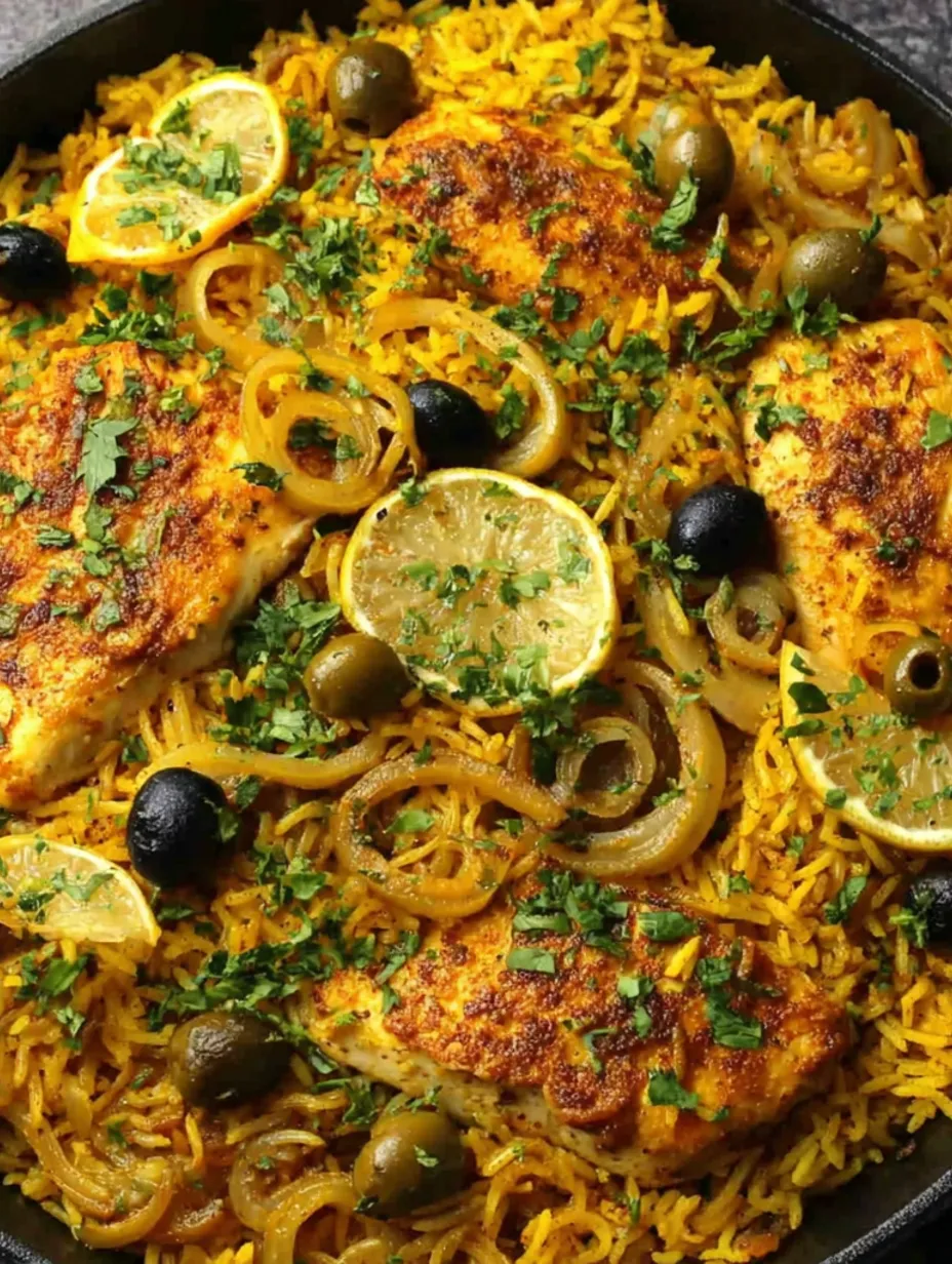 A dish of chicken and rice with preserved lemon.