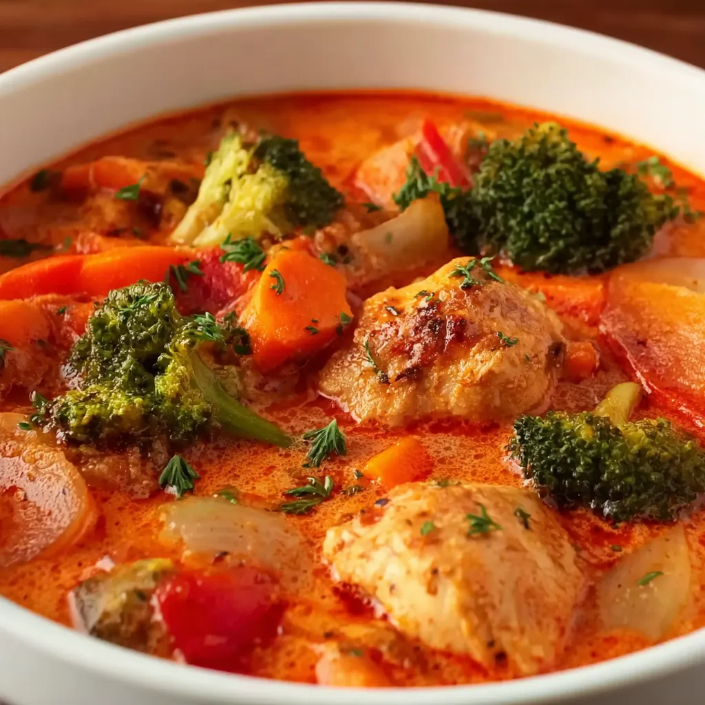 A bowl of chicken curry with vegetables.
