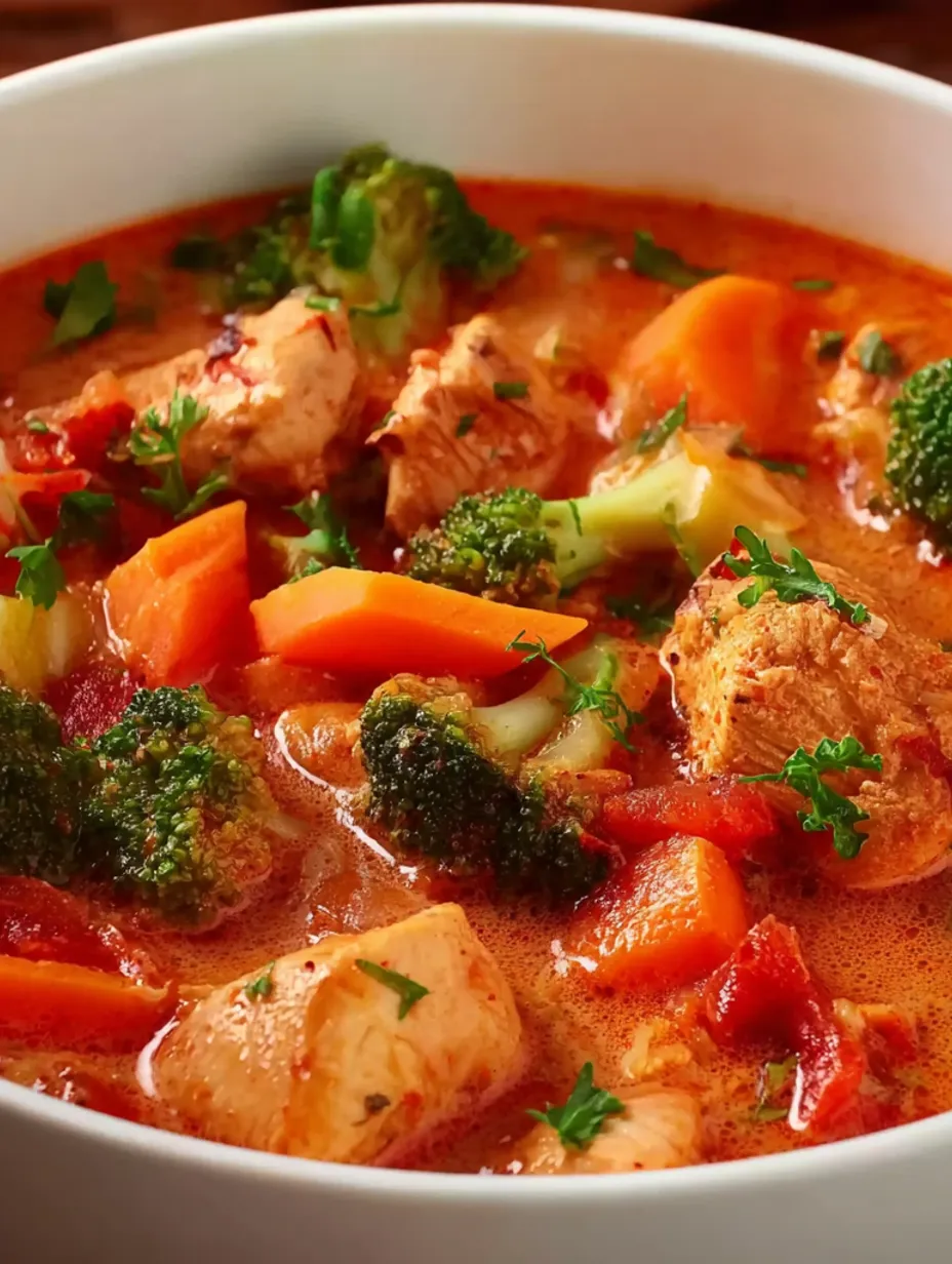 A bowl of chicken curry with vegetables.