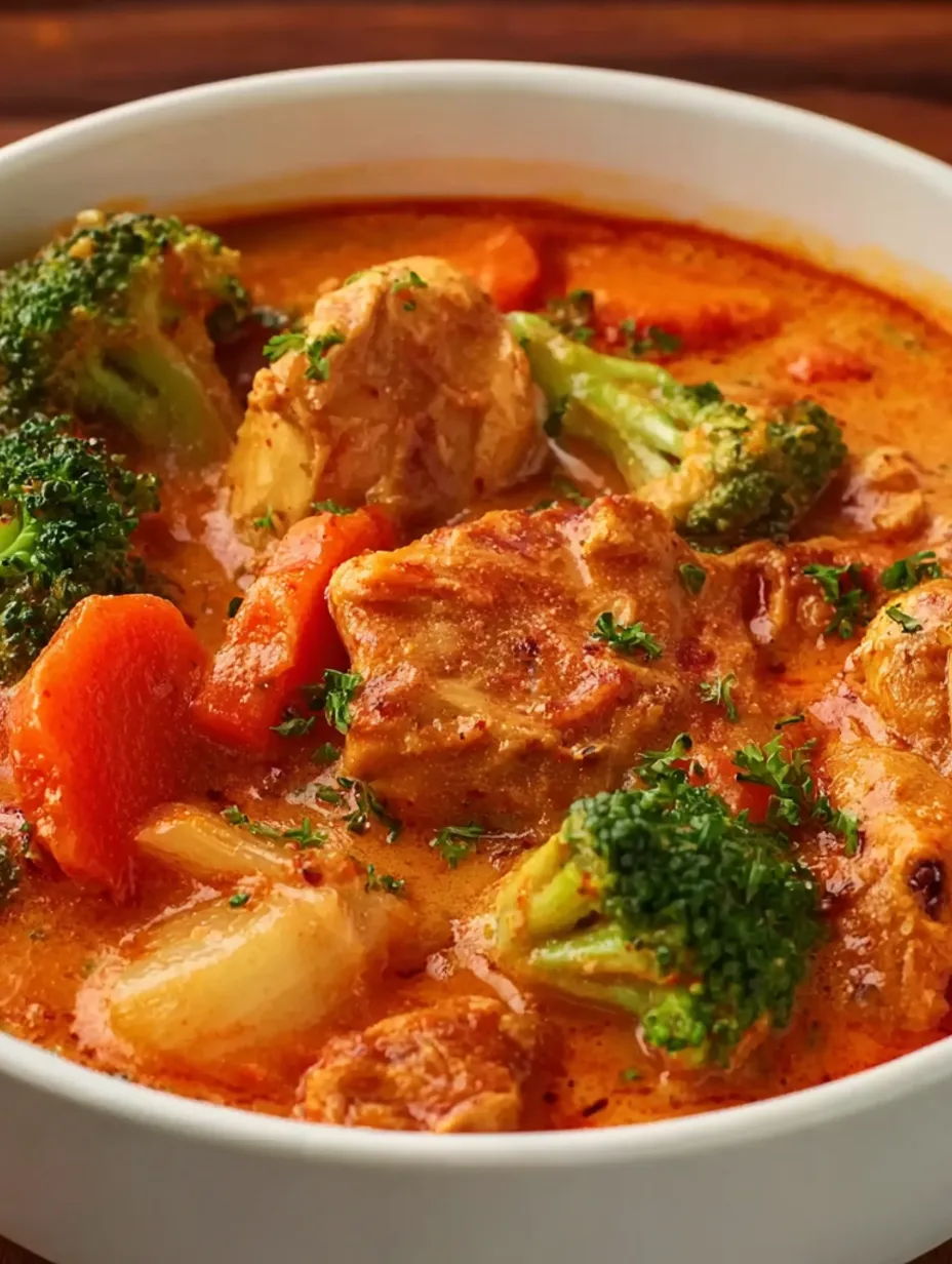 A bowl of chicken curry with vegetables.