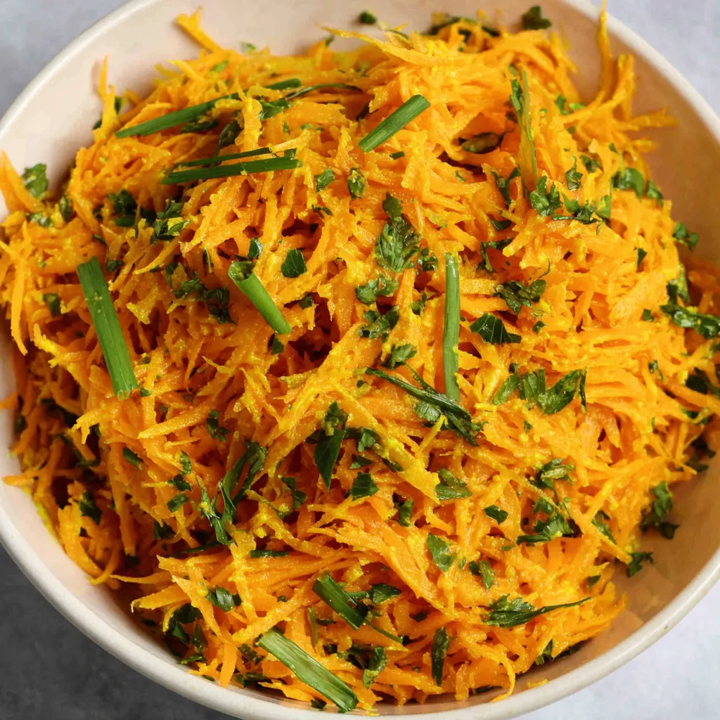 A bowl of grated carrots with green toppings.