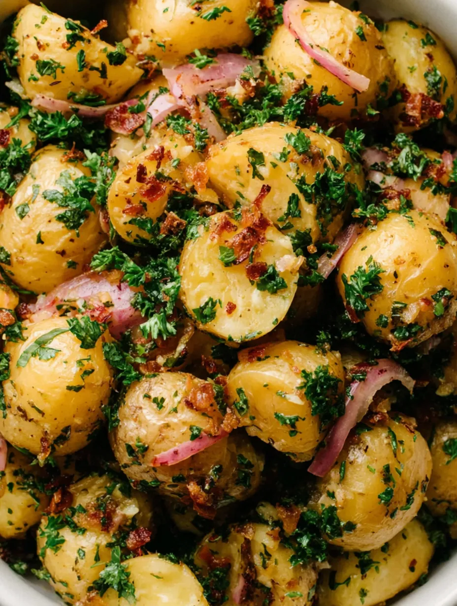 A close up of a dish of German potato salad.