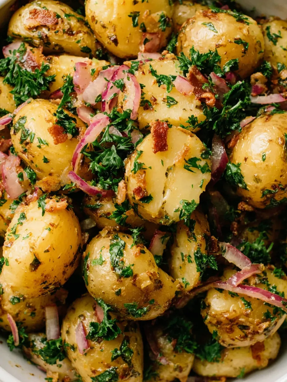 A close up of a dish of German potato salad.