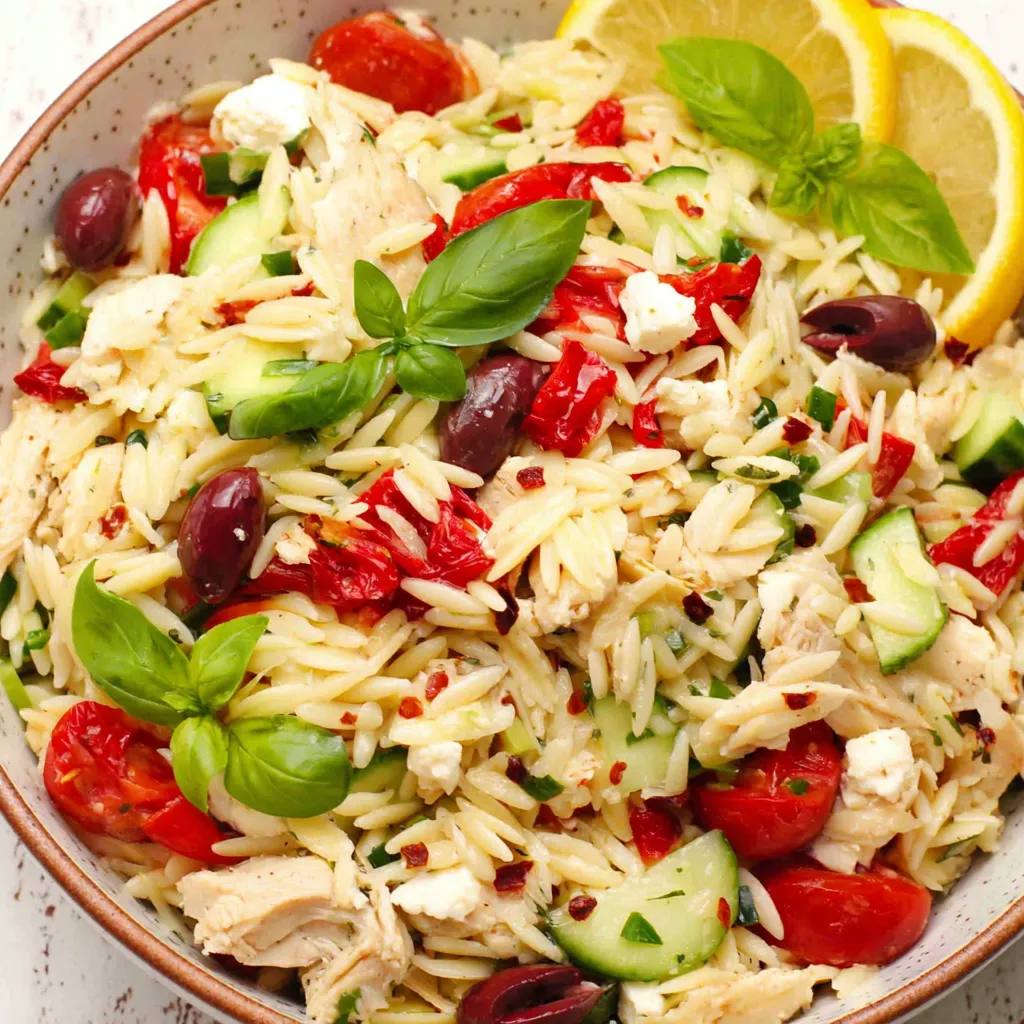 A bowl of Greek chicken orzo salad.