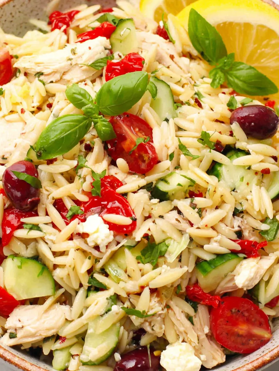 A Greek chicken orzo salad with various vegetables and herbs.