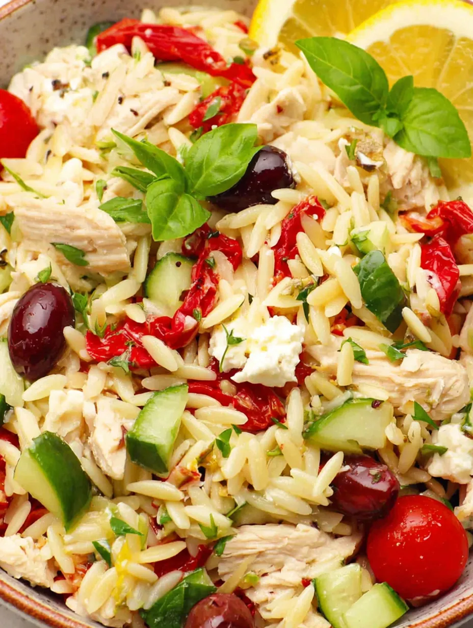 A Greek chicken orzo salad with rice, cucumber, tomato, and feta cheese.
