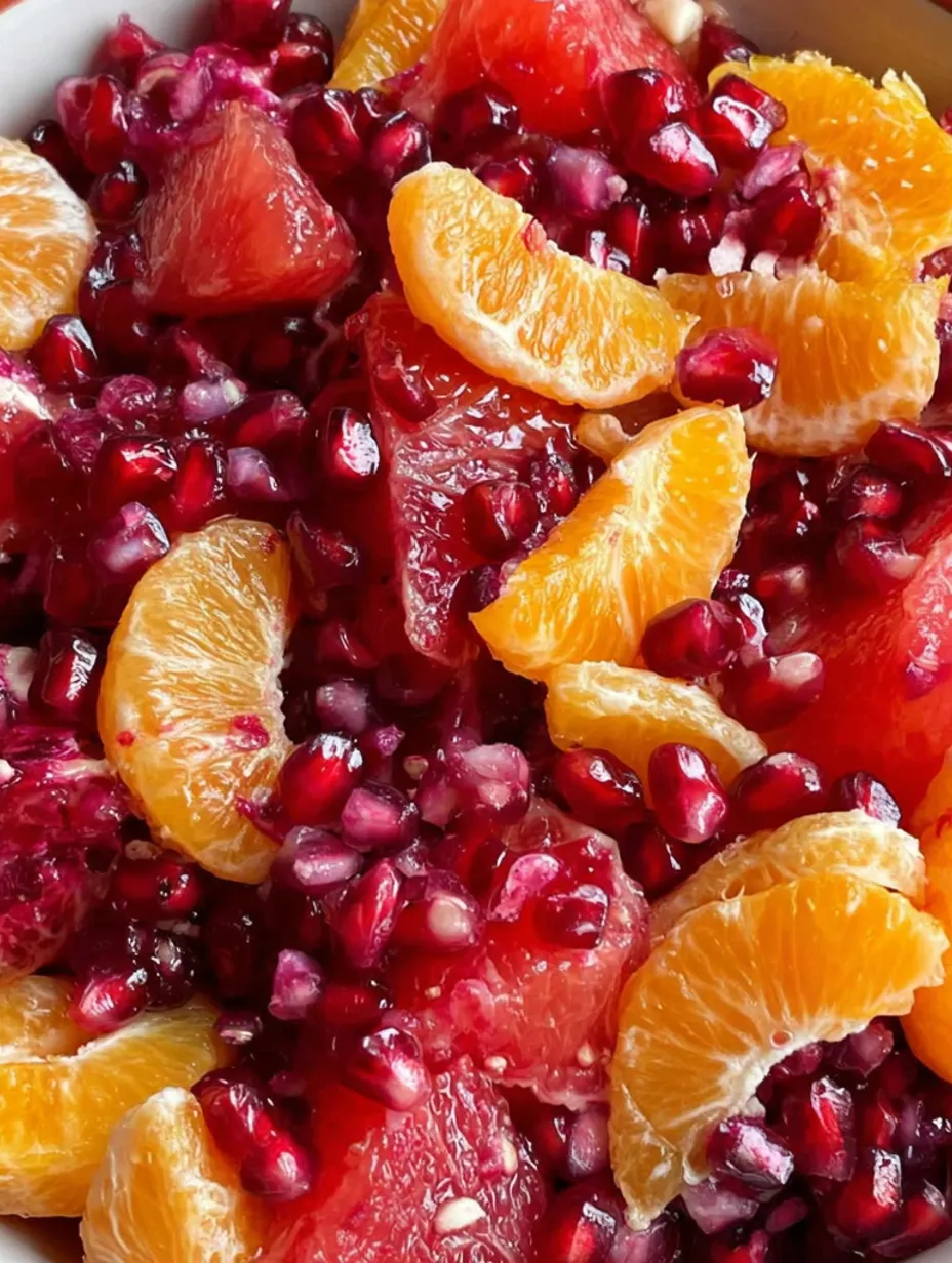 A close up of a fruit salad with pomegranate and oranges.