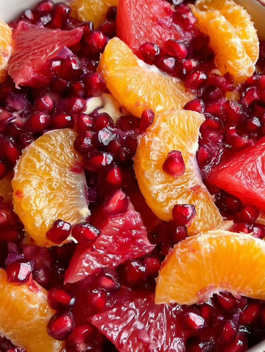 A close up of a fruit salad with pomegranates and oranges.