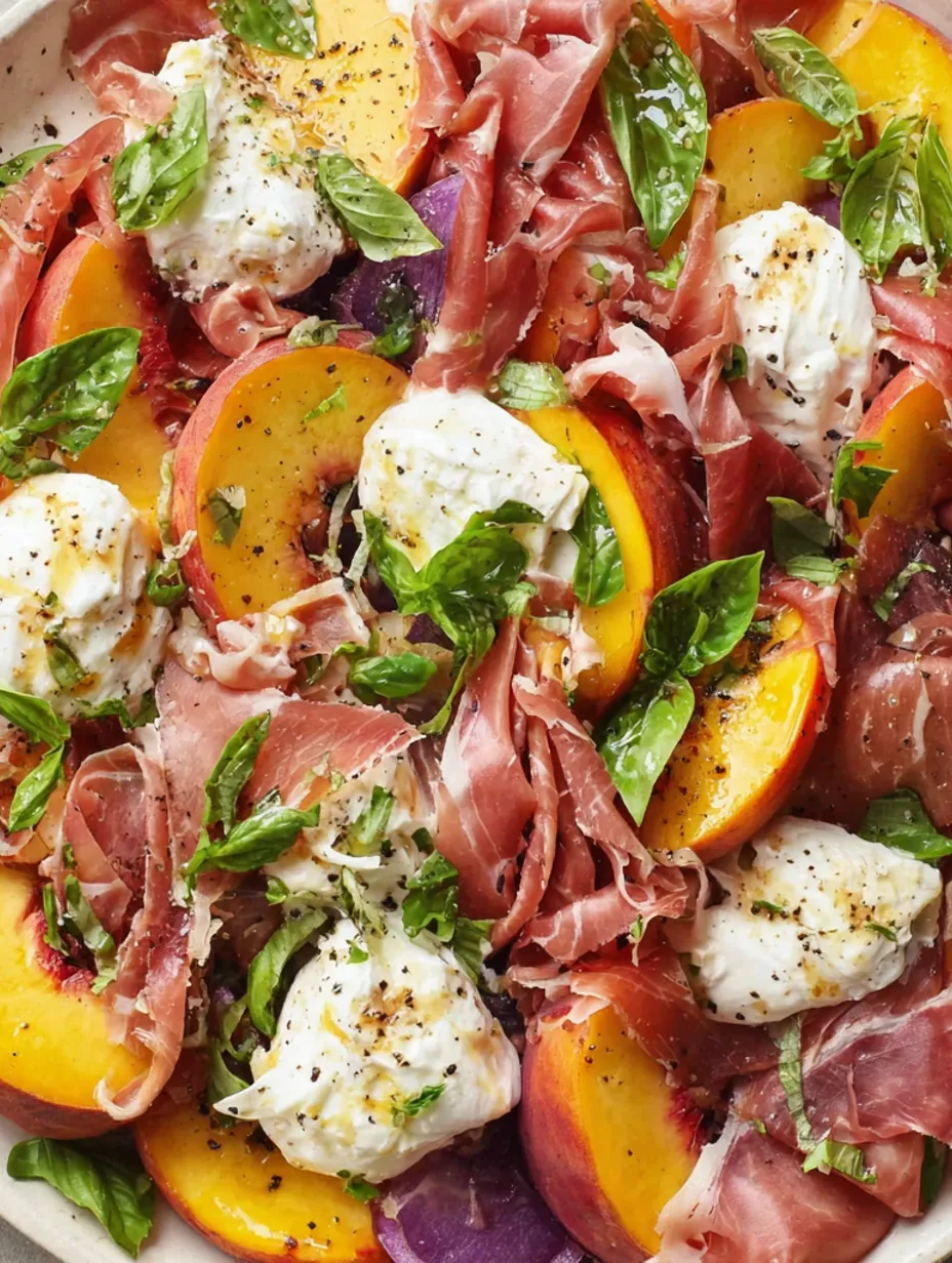 A salad with peaches, prosciutto, and burrata.