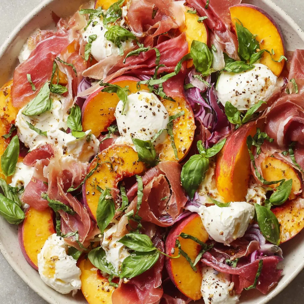 A bowl of food with peaches, cheese, and prosciutto.