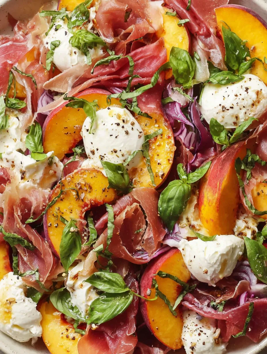 A salad with peaches, prosciutto, and burrata cheese.