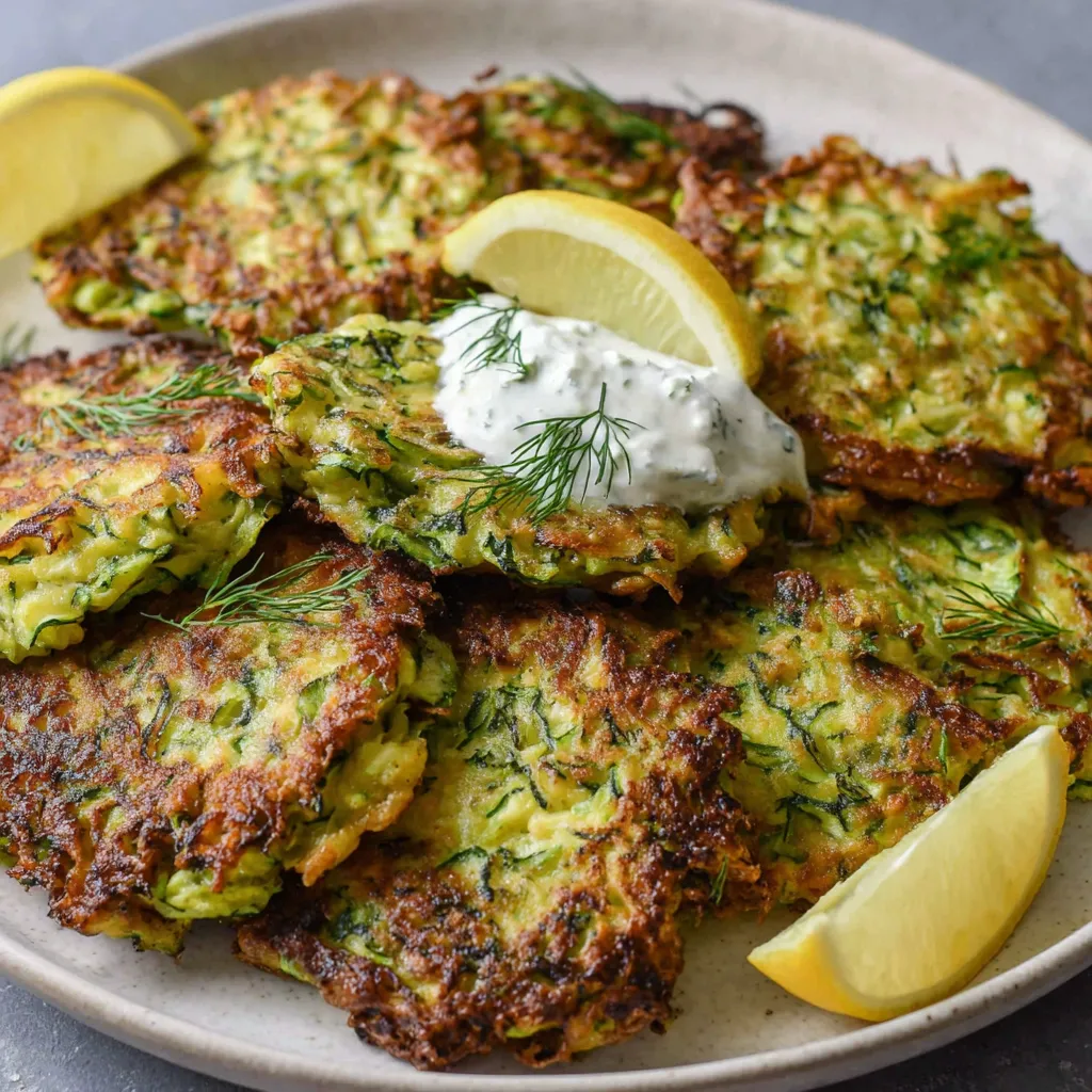 A plate of zucchini fritters with feta and dill.
