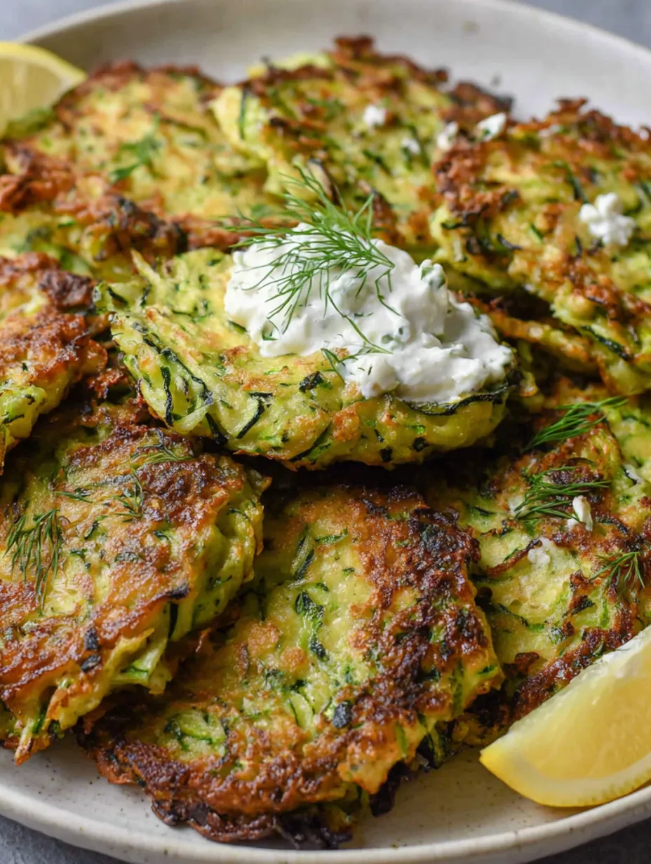 A plate of zucchini fritters with feta and dill.