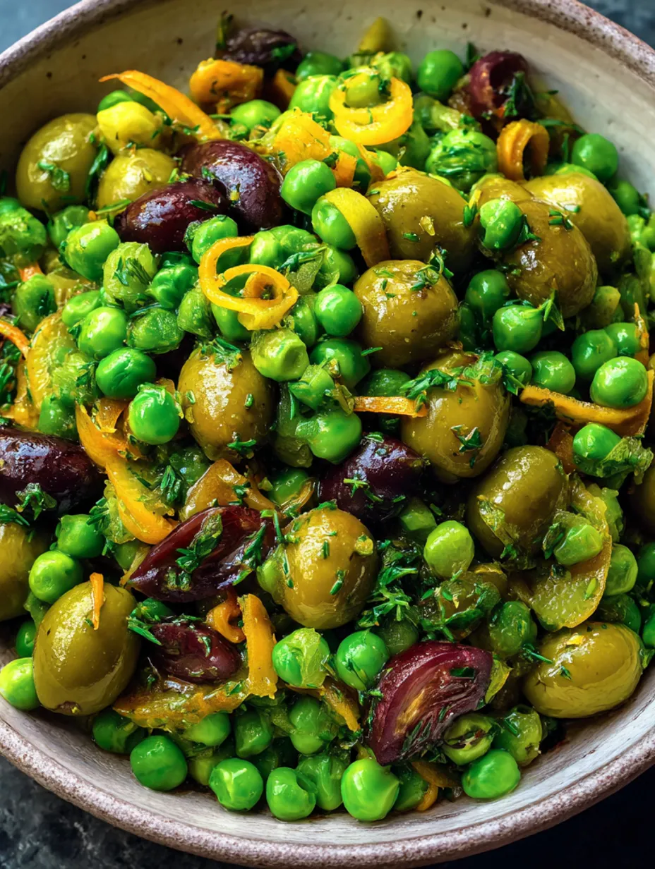 A bowl of pea, olive, and preserved lemon salad.