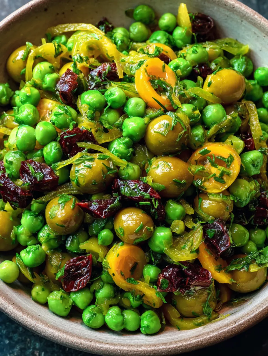 A bowl of pea, olive, and preserved lemon salad.
