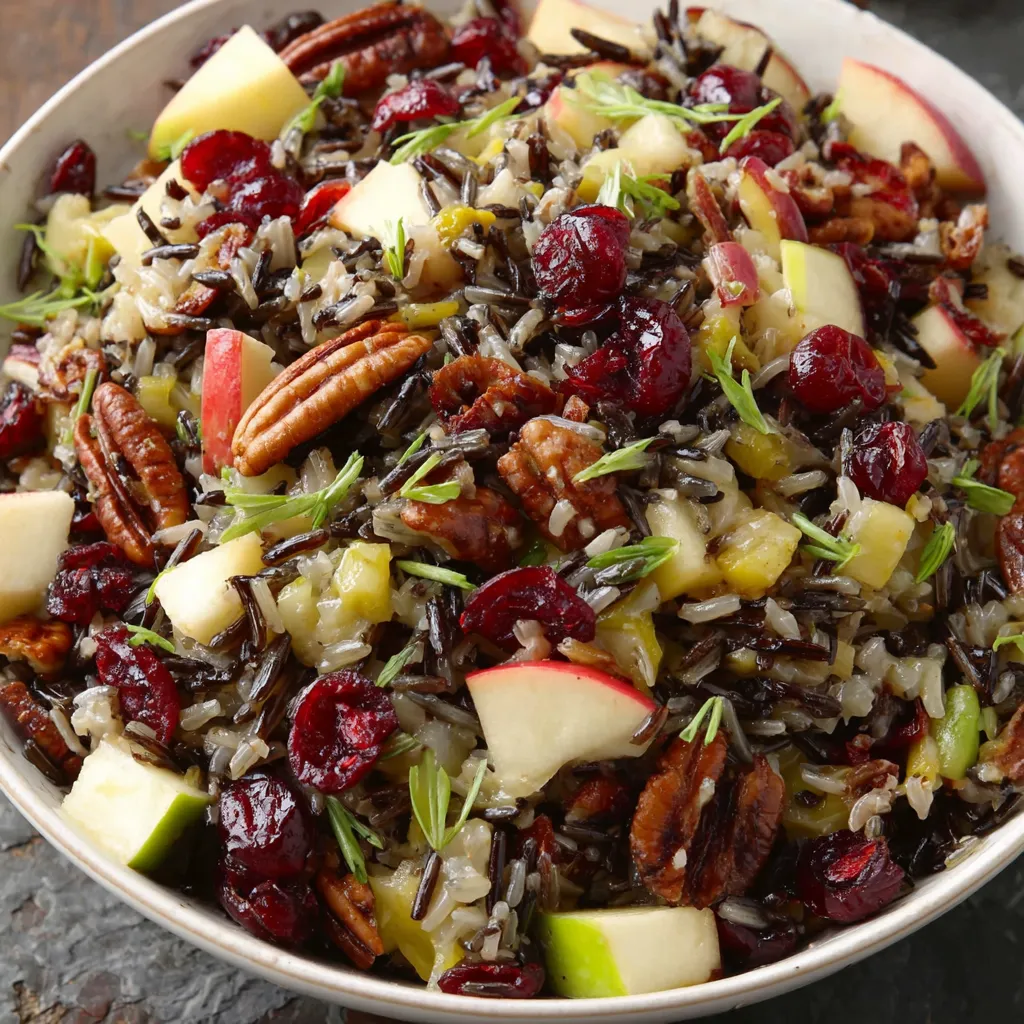 A bowl of rice salad with dried cranberries, apples and orange vinaigrette.