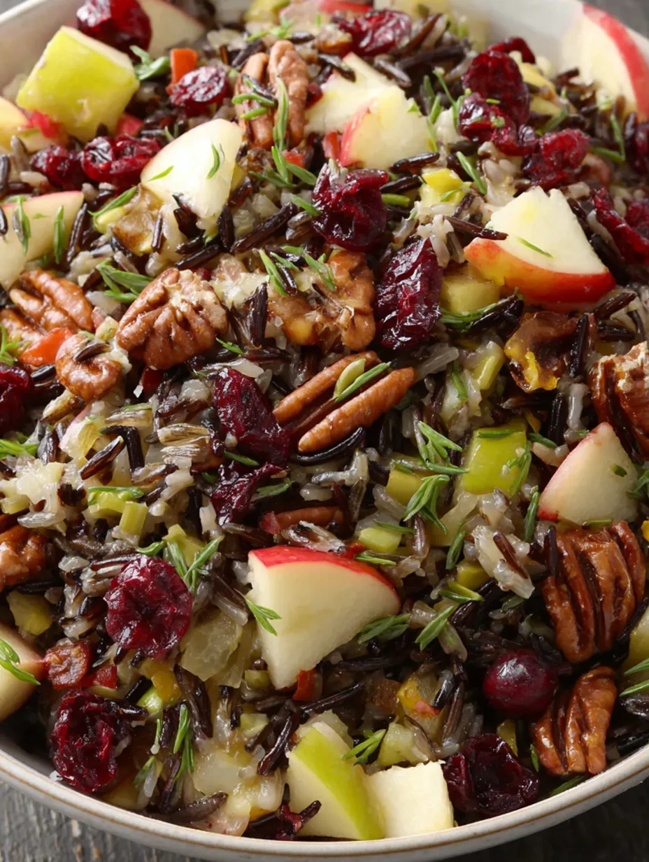 A bowl of rice salad with dried cranberries, apples and orange vinaigrette.