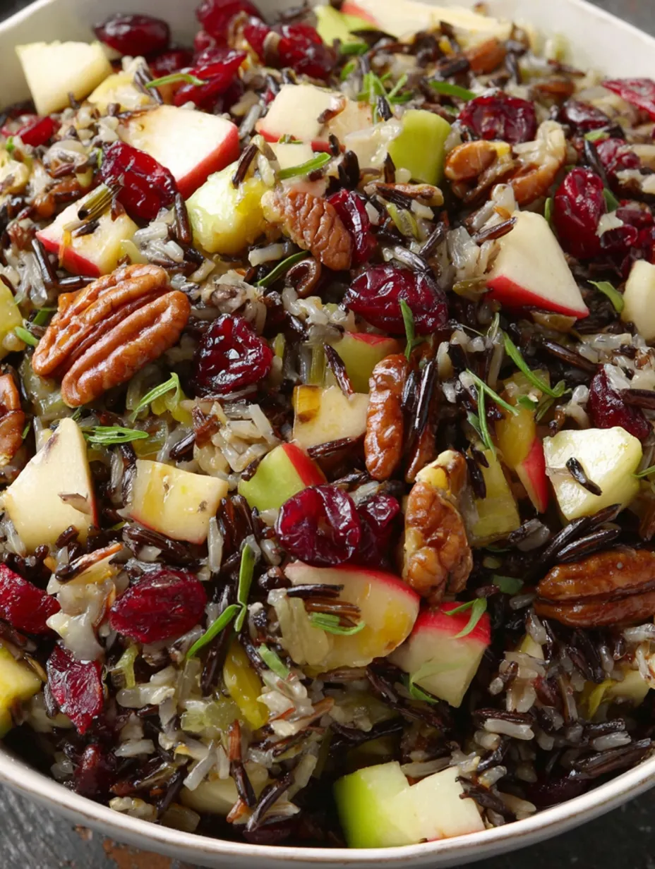 A bowl of rice salad with dried cranberries, apples, and orange vinaigrette.