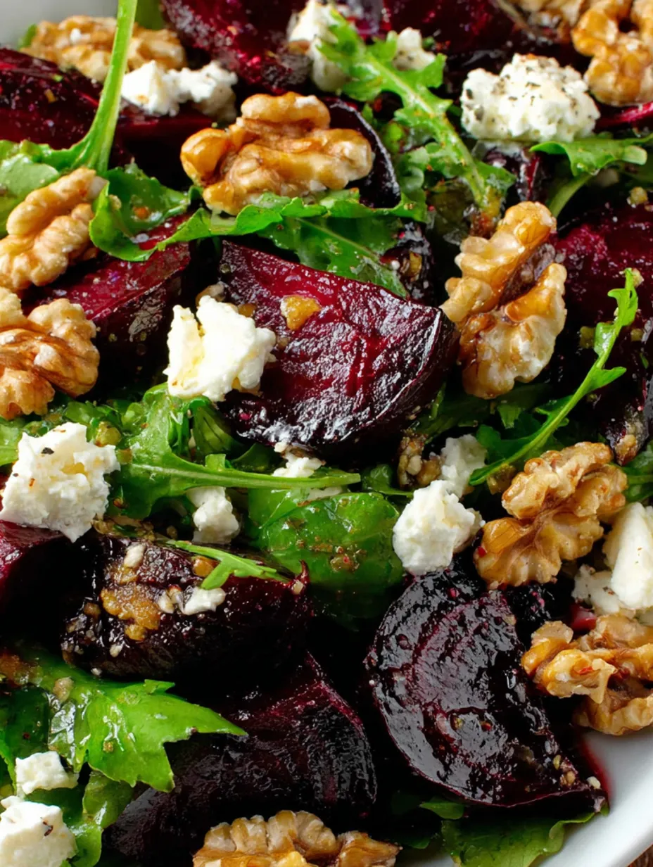 A salad with beets, walnuts, and goat cheese.