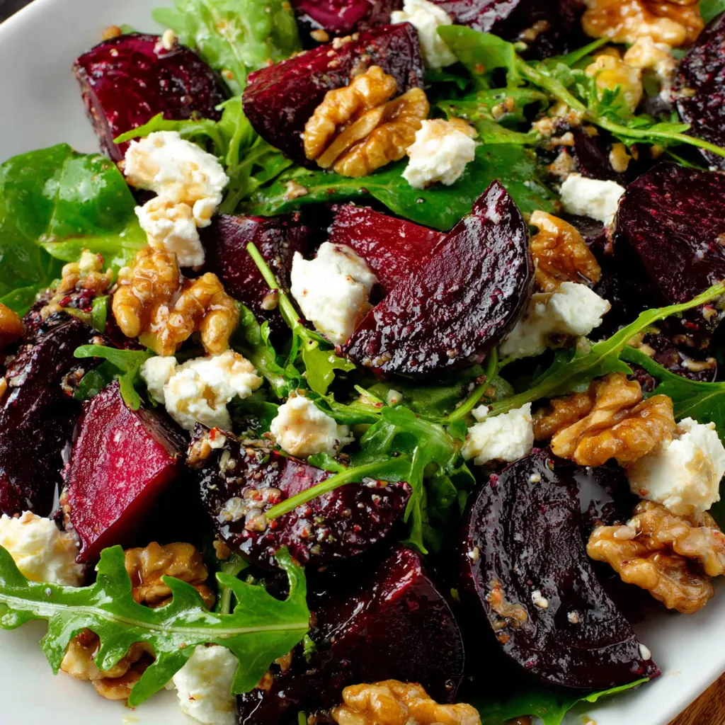 A plate of roasted beet salad with goat cheese, walnuts, and honey-Dijon vinaigrette.
