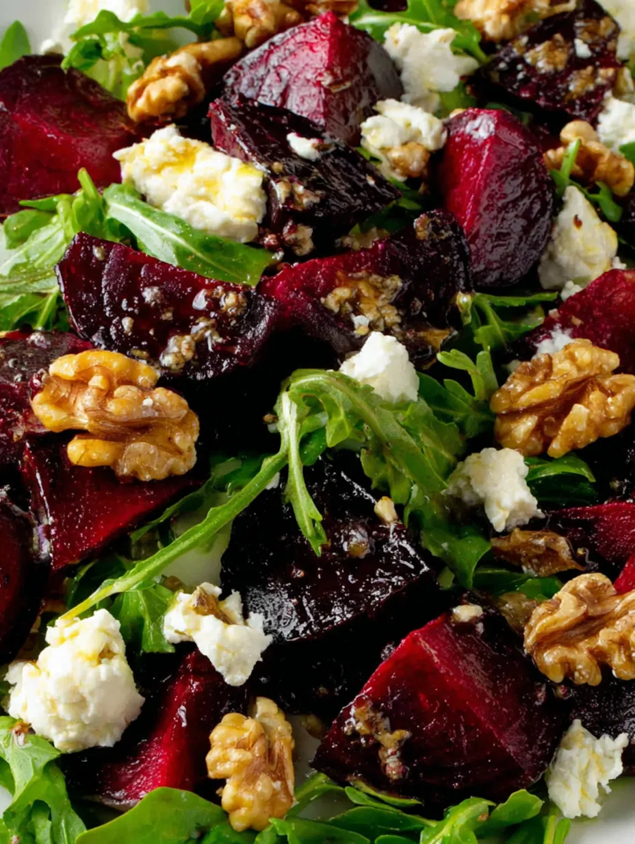 A salad with beets, goat cheese, walnuts, and honey-Dijon vinaigrette.