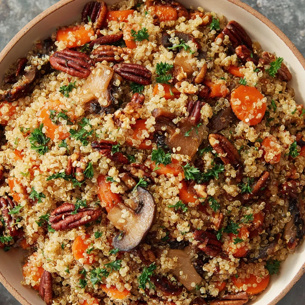A bowl of quinoa pilaf with shiitake mushrooms, carrots and pecans.