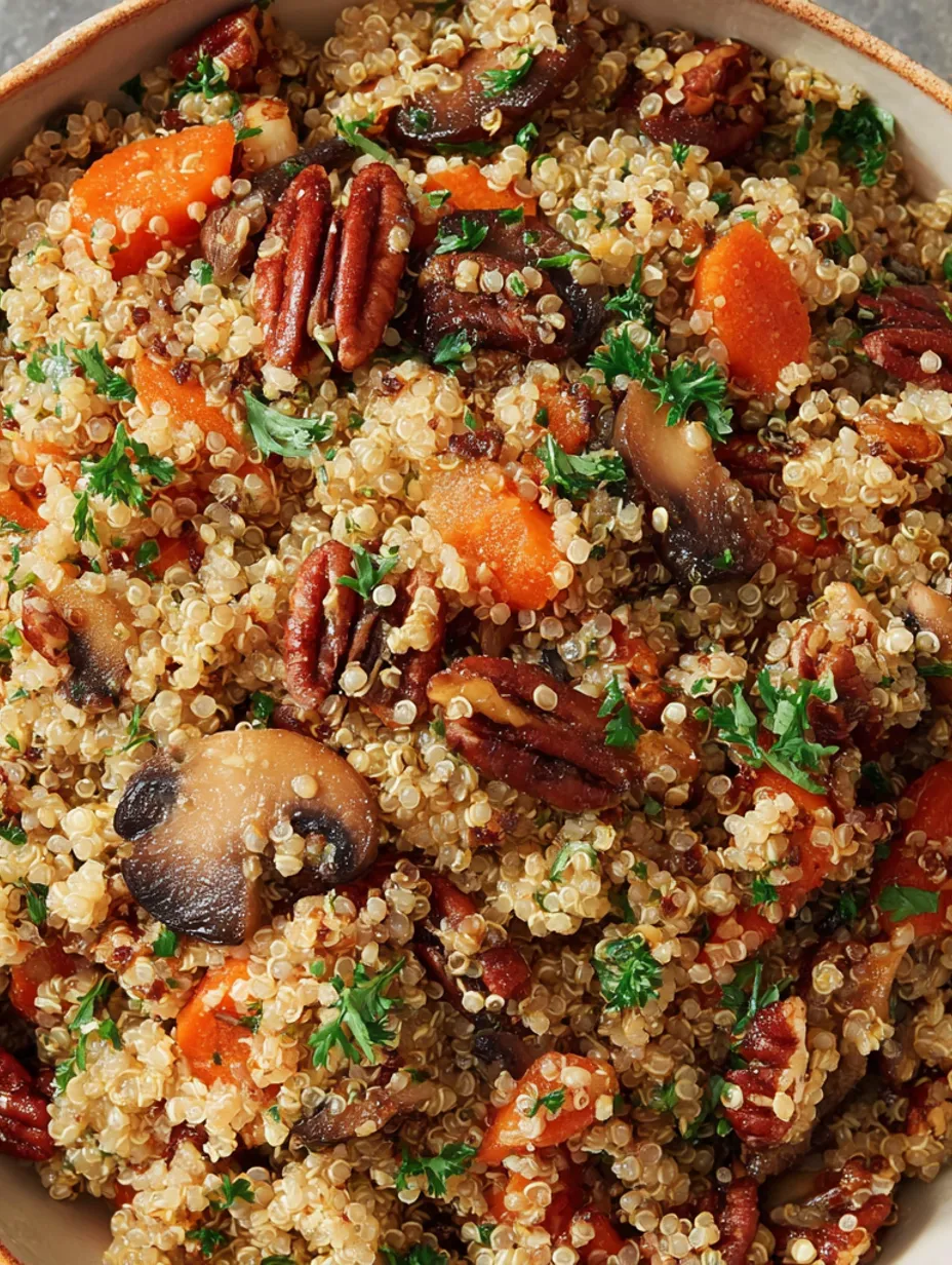 A bowl of quinoa pilaf with shiitake mushrooms, carrots, and pecans.