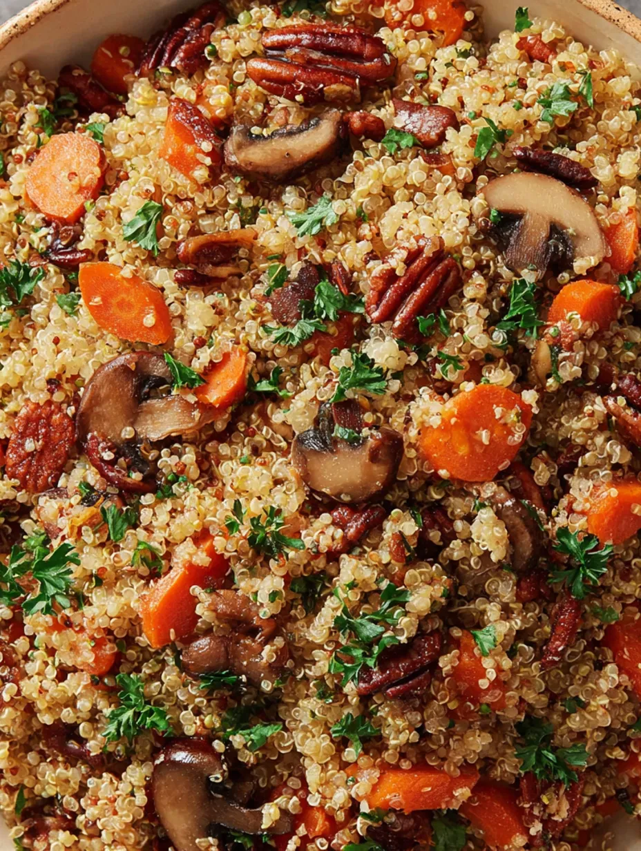 A close up of a dish with quinoa, mushrooms, carrots and pecans.