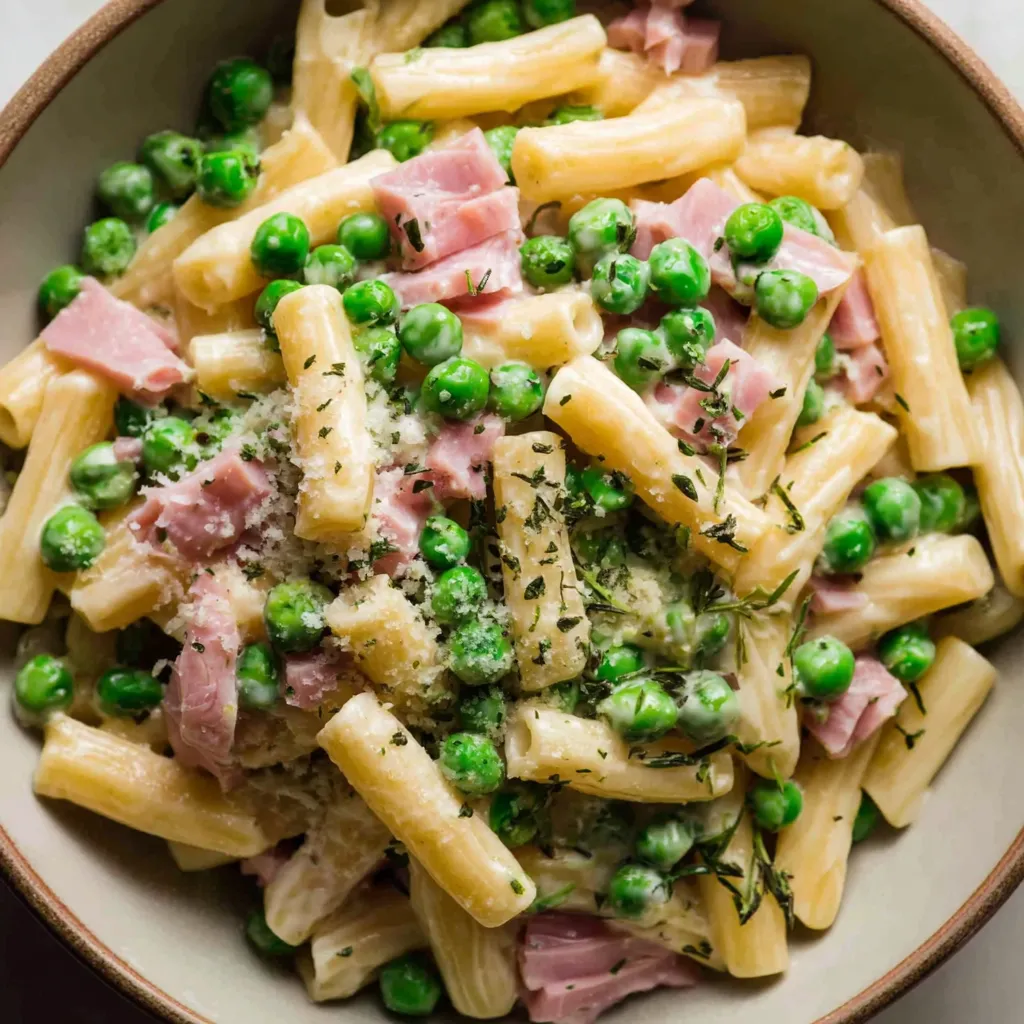 A bowl of creamy pasta with prosciutto cotto and peas.