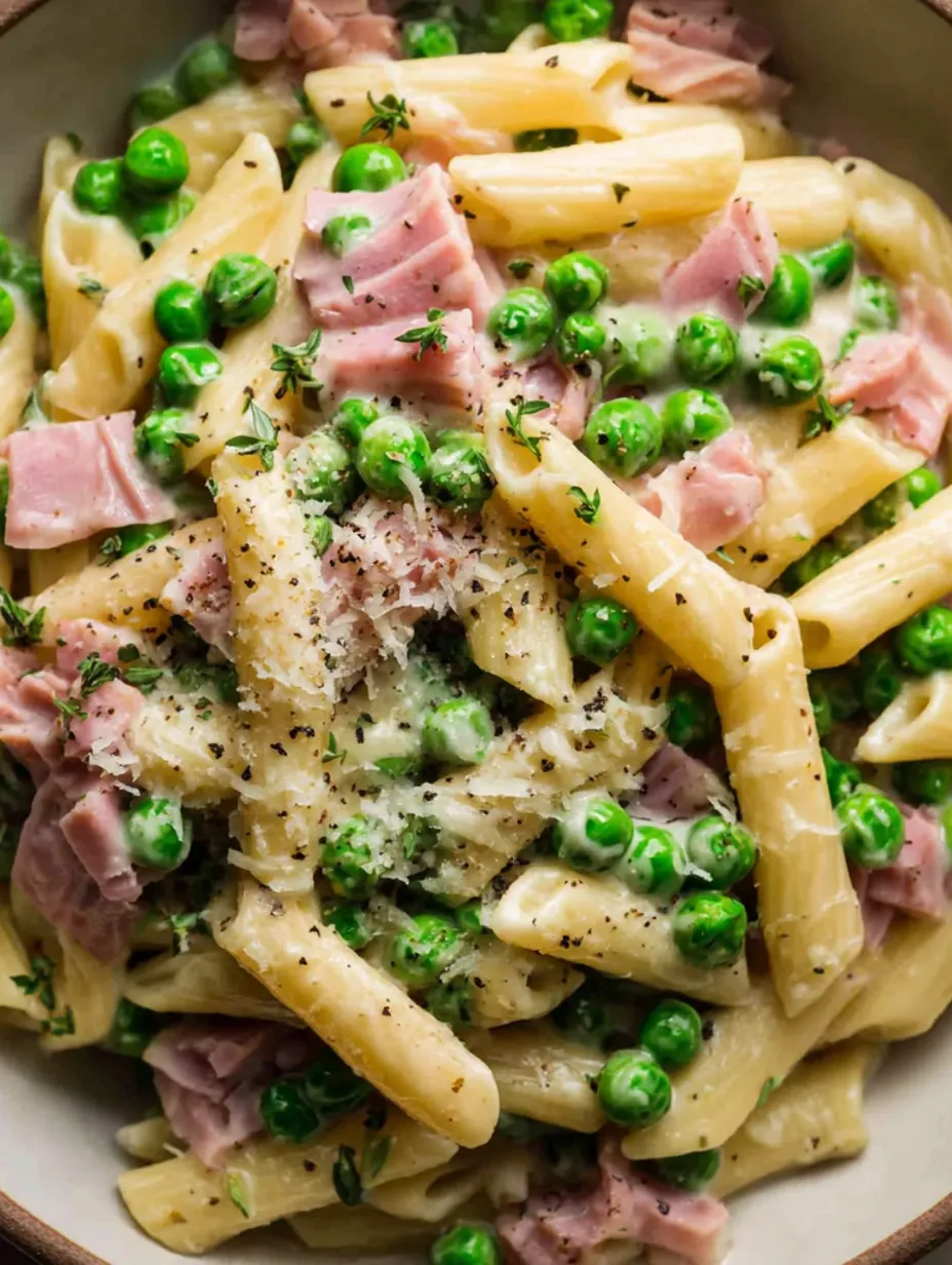 A bowl of pasta with peas and ham.