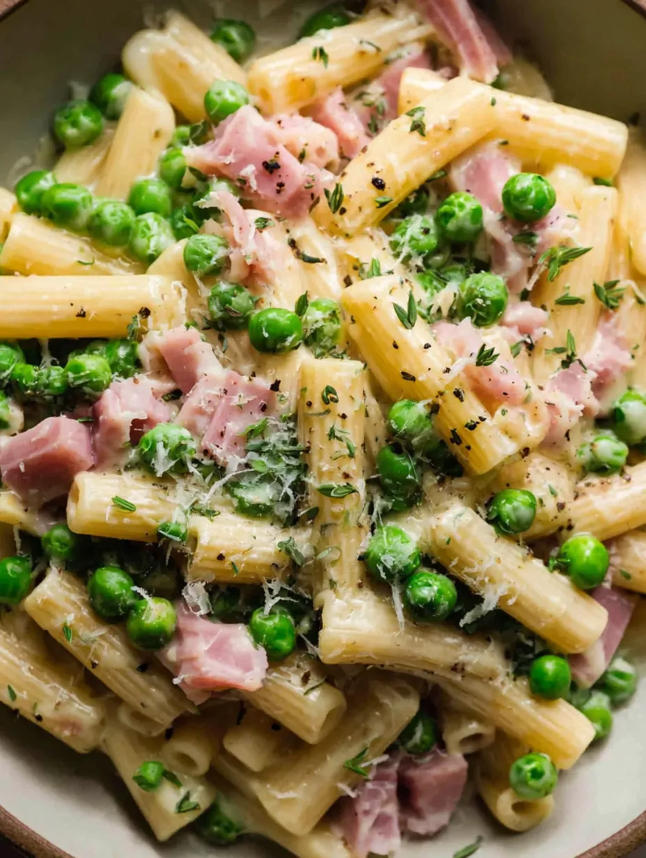 A dish of pasta with peas and prosciutto cotto.