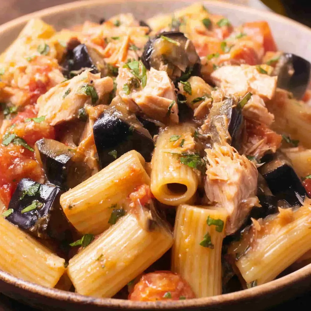 A bowl of pasta with swordfish.