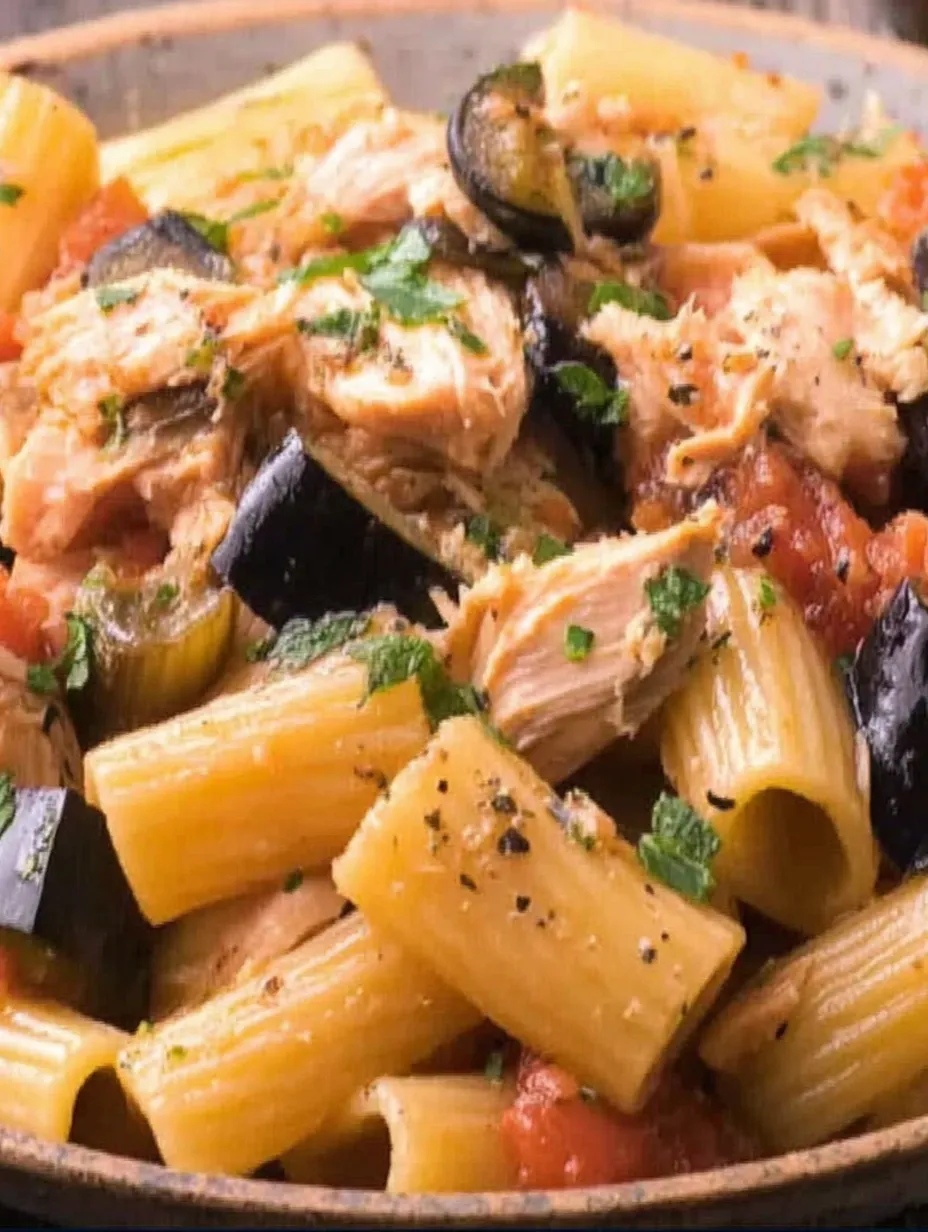 A plate of pasta with swordfish and black olives.