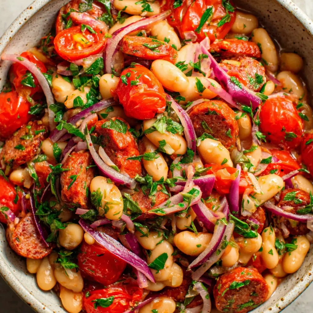 A bowl of food with white beans, chorizo, tomatoes, and onions.