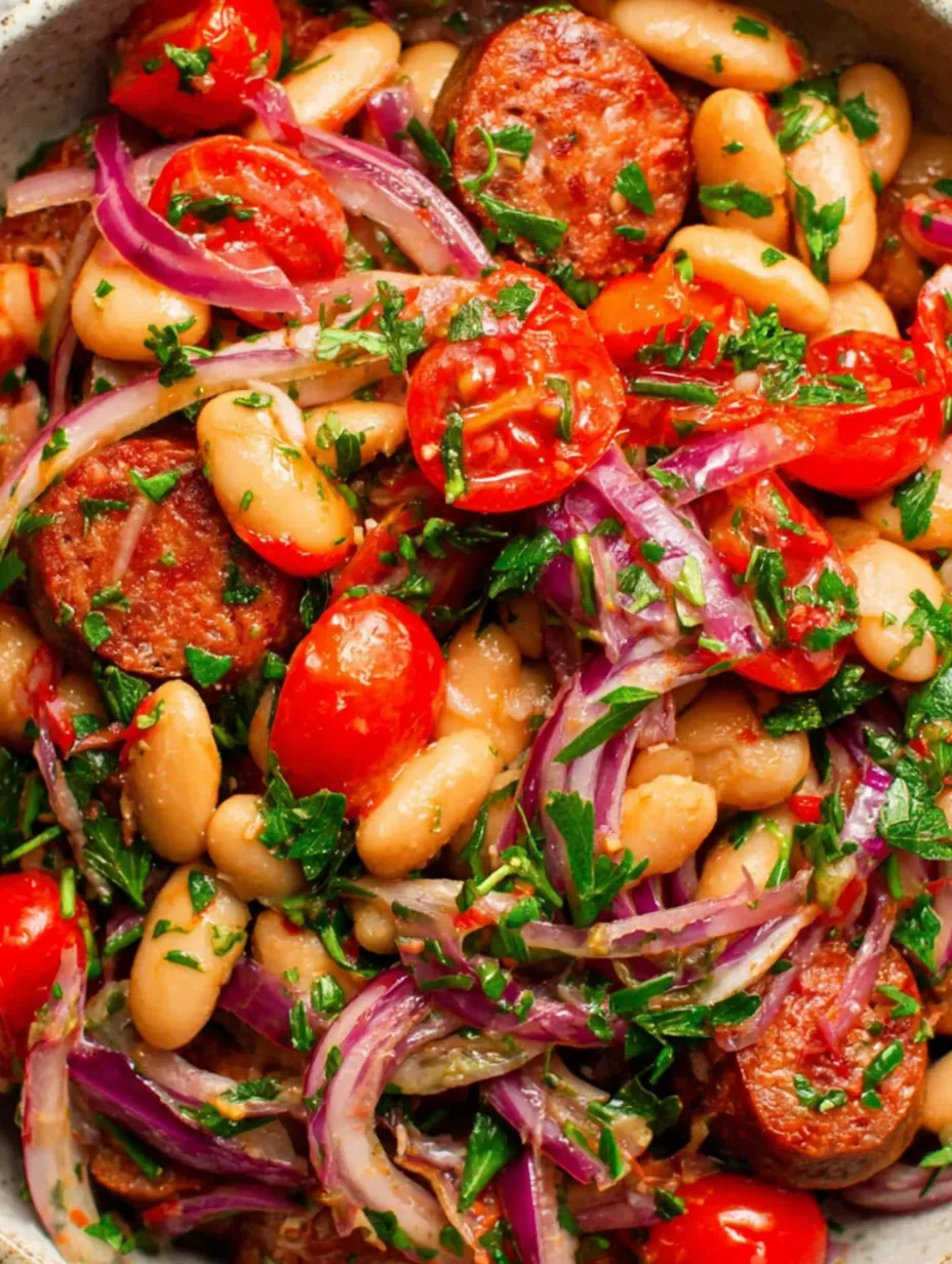 A dish of white beans and chorizo with quick marinated tomatoes and onion.
