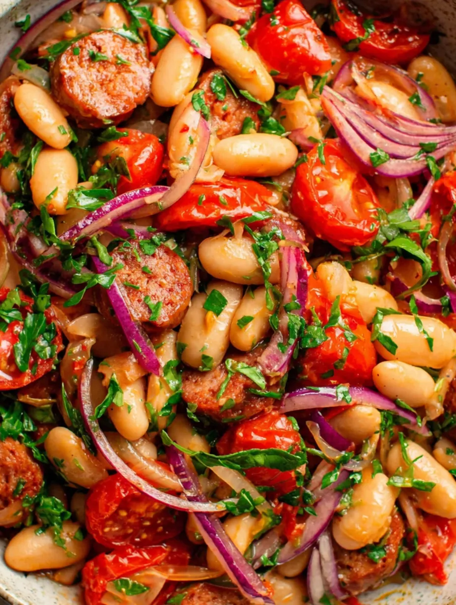 A dish of white beans and chorizo with quick marinated tomatoes and onion.