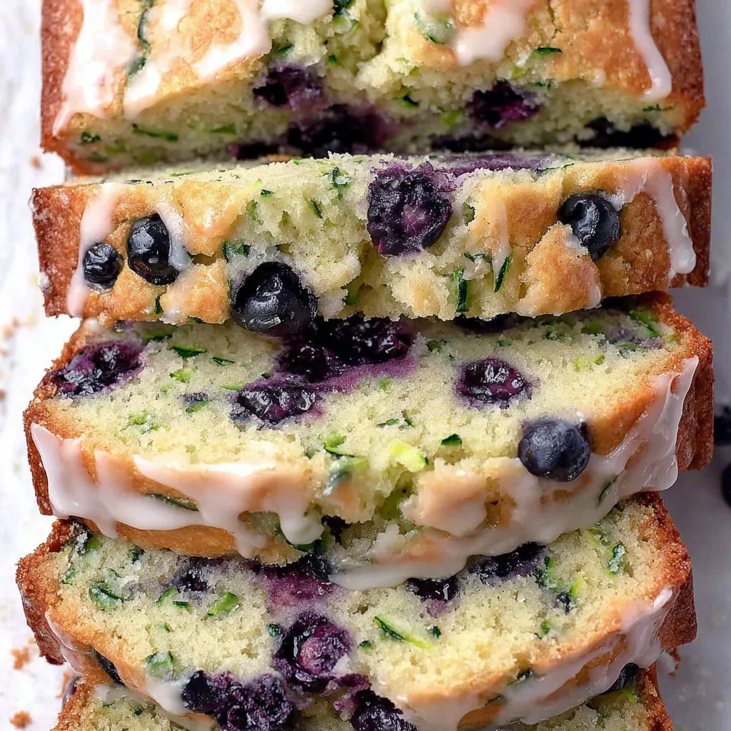 A stack of three slices of moist blueberry zucchini bread with a lemon glaze.