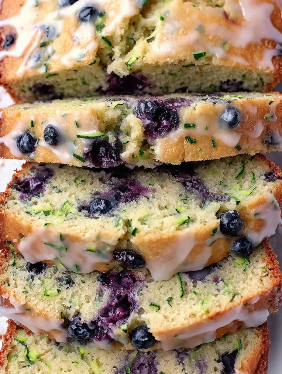 A slice of moist blueberry zucchini bread with a lemon glaze.
