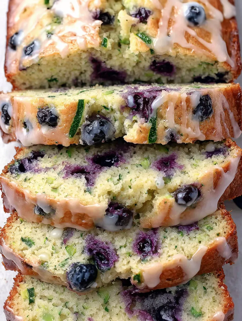 A stack of three slices of moist blueberry zucchini bread with a lemon glaze.