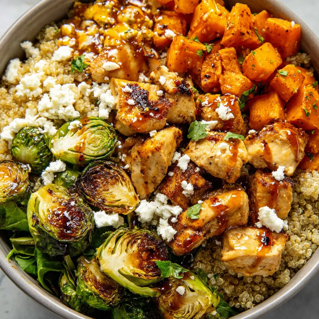 A bowl of food with a variety of ingredients, including chicken, vegetables, and sauce.