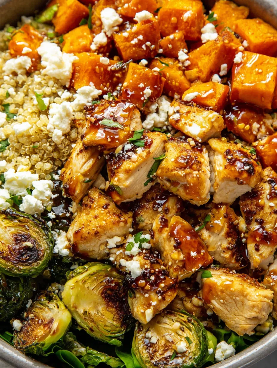 A bowl of food with chicken, feta cheese, and vegetables.