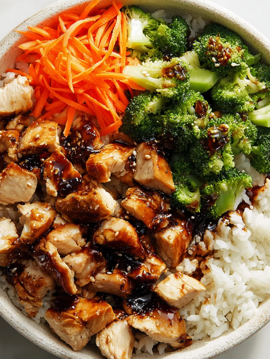 A bowl of rice with chicken, broccoli, and carrots.