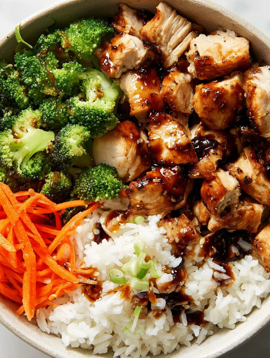 A bowl of rice and chicken with broccoli and carrots.