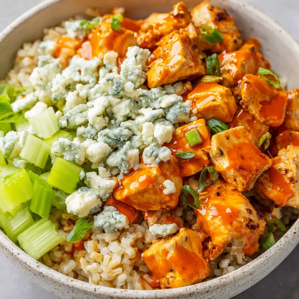 A rice bowl with chicken and blue cheese.