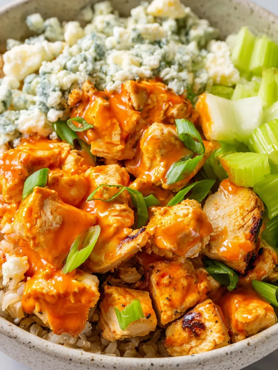 A buffalo chicken rice bowl with rice, chicken, and blue cheese.