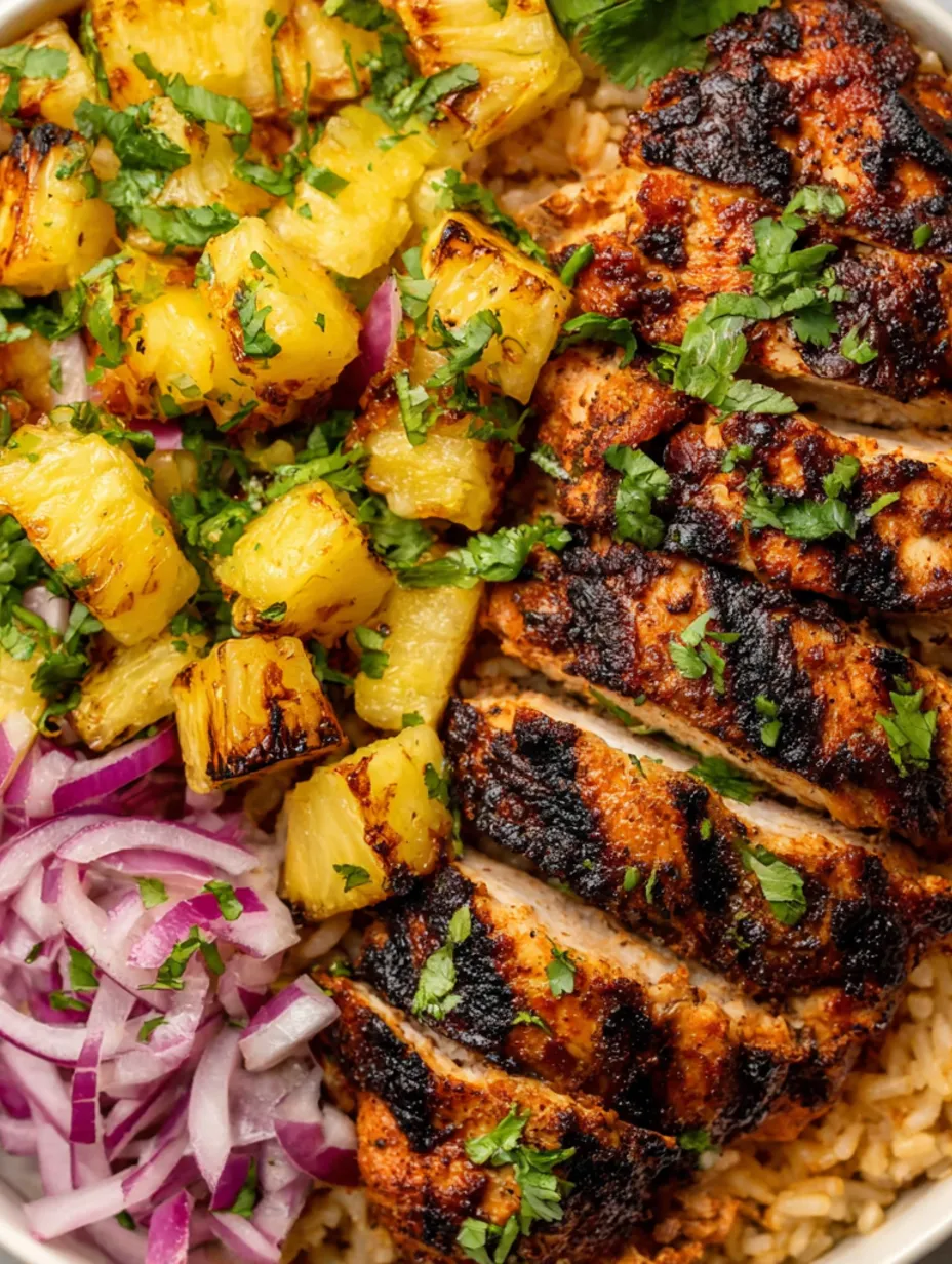 A jerk chicken bowl with pineapple salsa.
