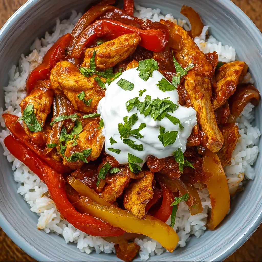 A bowl of Mexican chicken fajita with rice and peppers.
