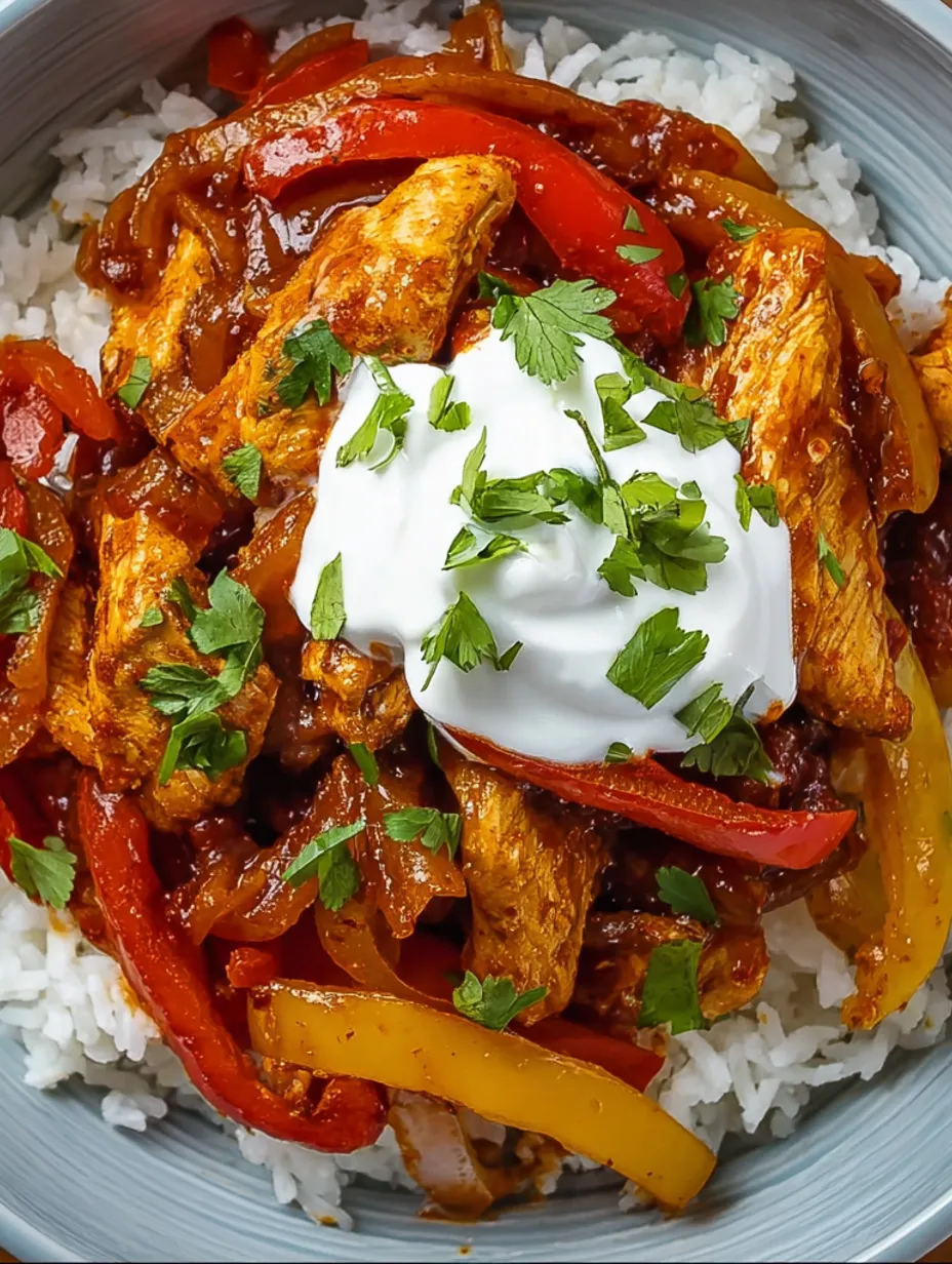 A bowl of Mexican chicken fajita with rice and peppers.