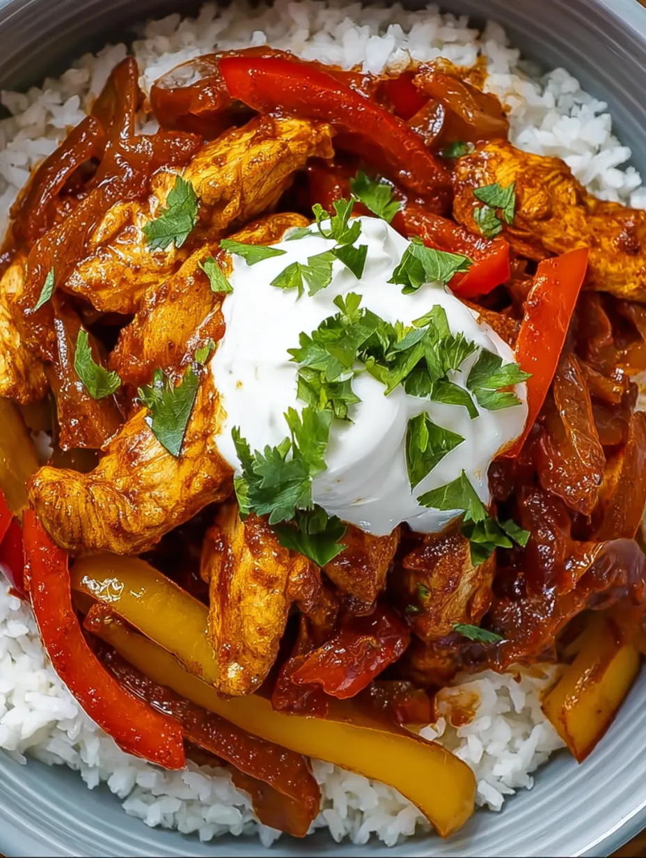 A bowl of Mexican chicken fajita with rice and peppers.