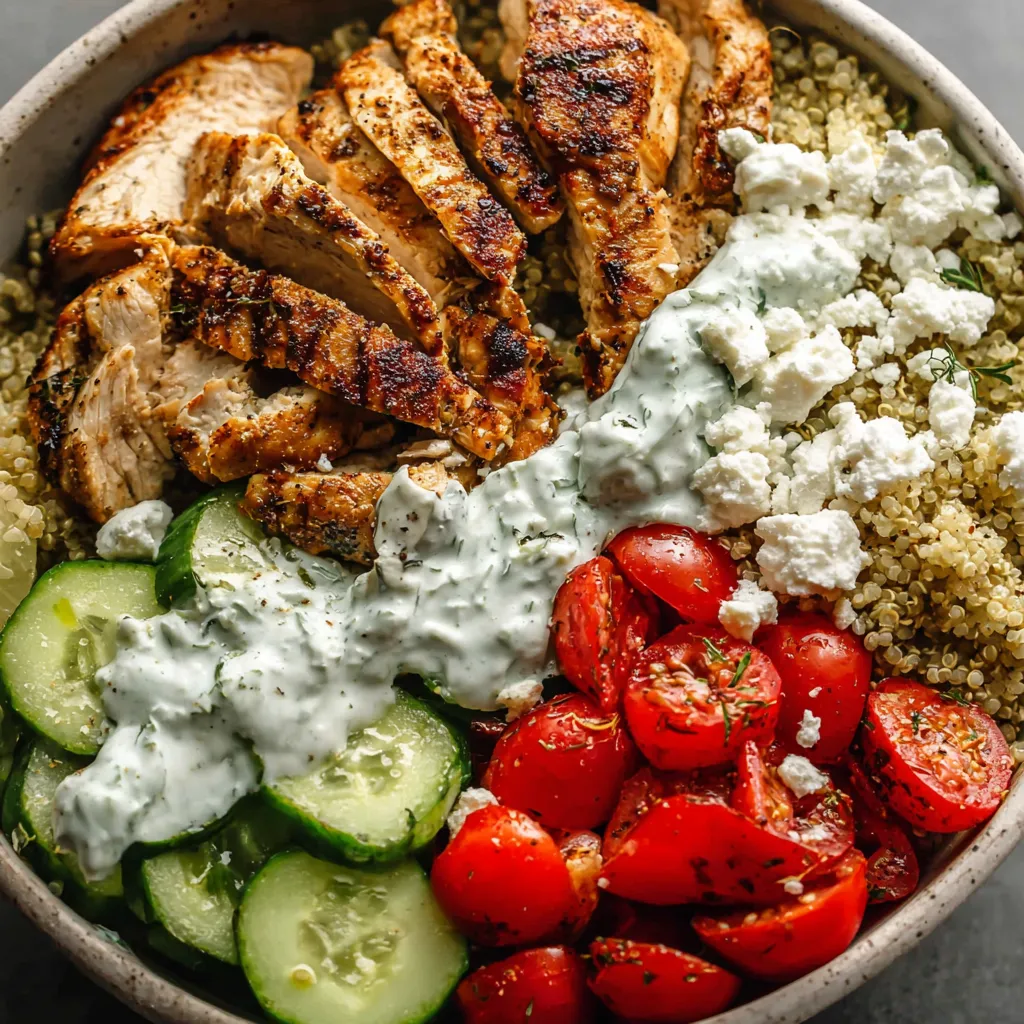 A bowl of Greek chicken quinoa gyro.